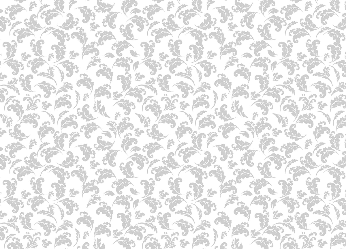 Grey Color Leaves White Background Style Damask Wallpaper in your room — zoomed