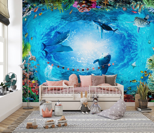 Dolphins Aqua Adventure wall mural for a playful child's bedroom setting.