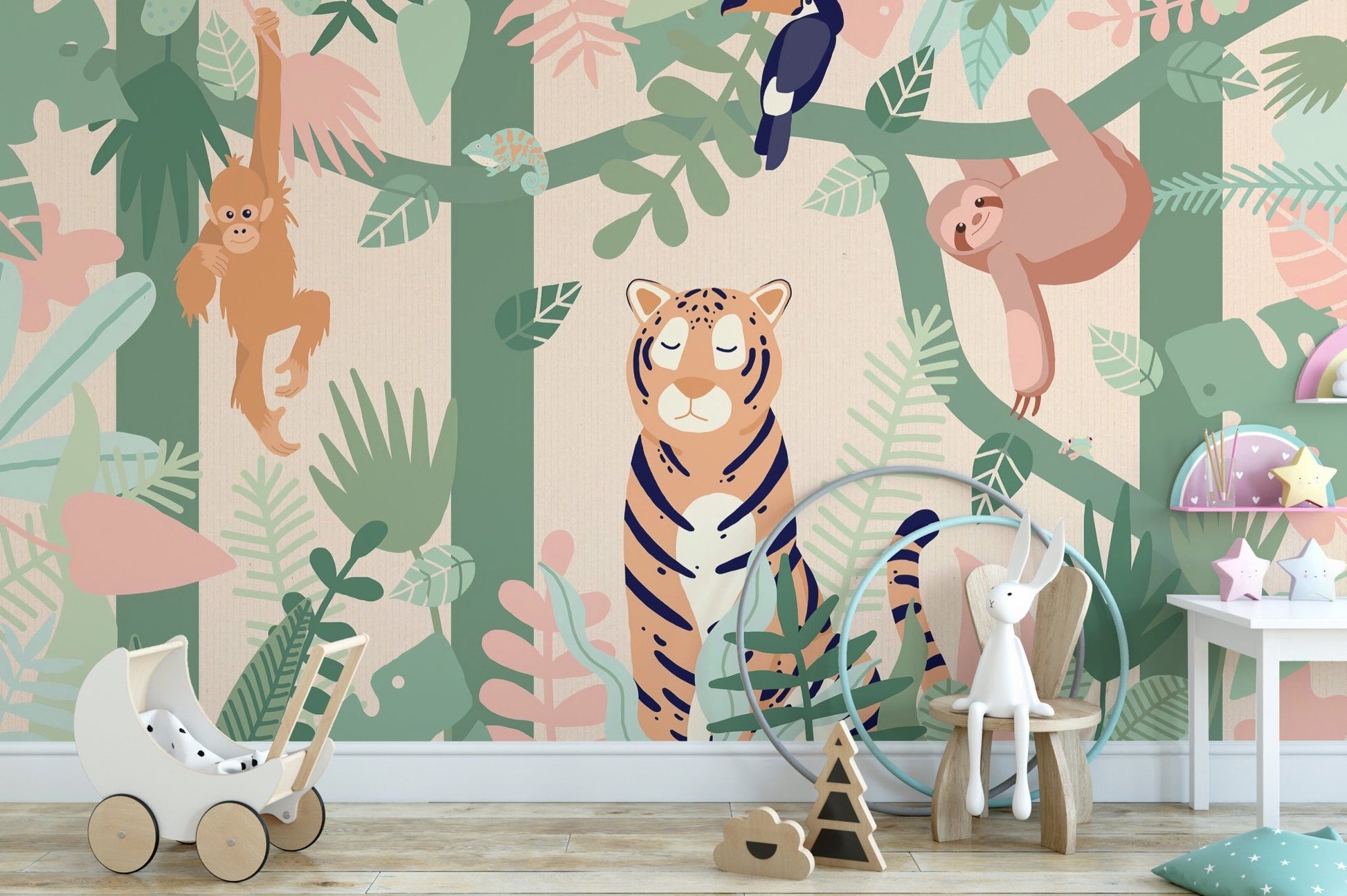 Green forest wall mural with orange monkeys and sloths above a light wood bench.