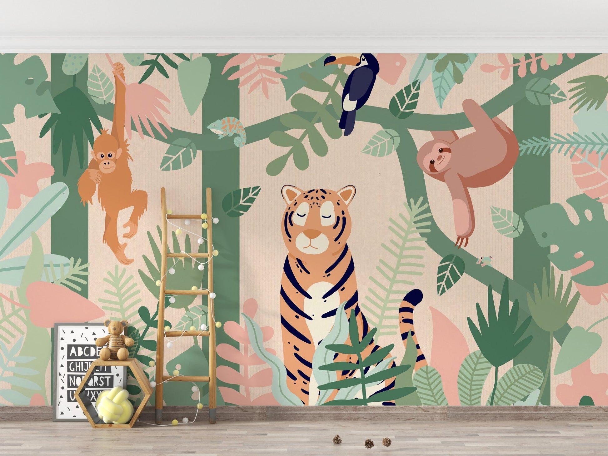 Dozy Tiger Cartoon Forest wall mural behind a wooden ladder and floor cushions.