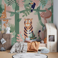 Cartoon jungle wall mural featuring a toucan and tiger in a children’s bedroom.