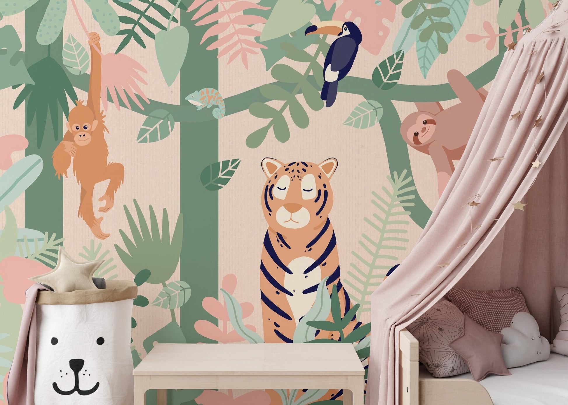 Dozy Tiger Cartoon Forest wall mural paired with a pink canopy bed in kids bedroom.