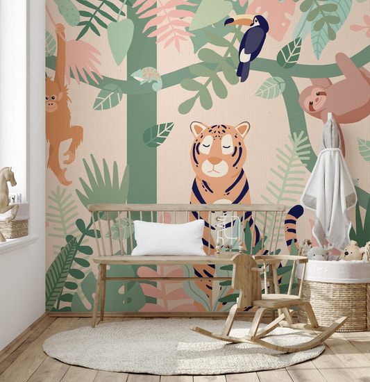 Dozy Tiger Cartoon Forest wall mural with wooden rocking horse in a play area.