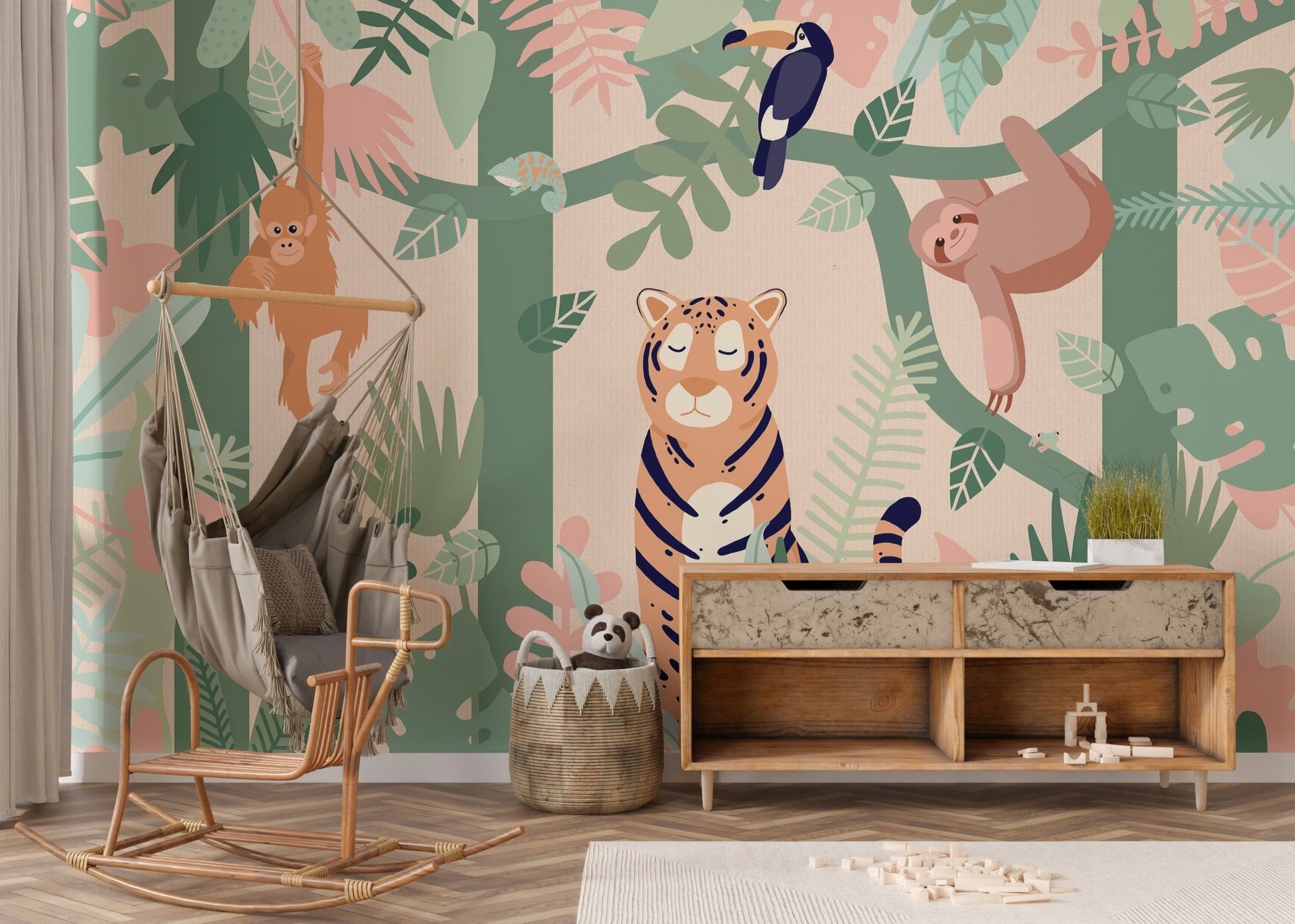 Peel and stick tiger wall mural styled with a hanging rattan chair in nursery.