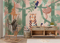Peel and stick tiger wall mural styled with a hanging rattan chair in nursery.
