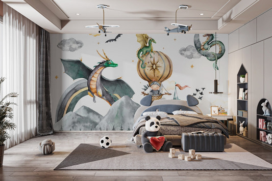 Dragon kingdom wall mural with flying dragons fantasy wallpaper.