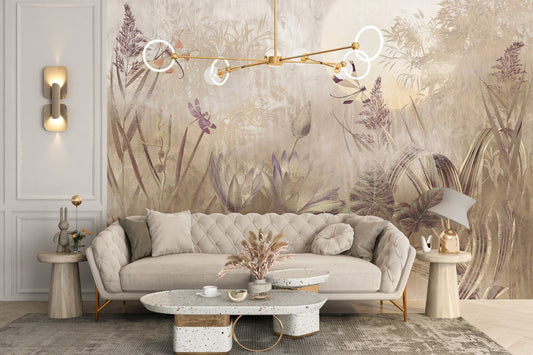 Detailed dragonfly pond mural wallpaper for a calming interior atmosphere.