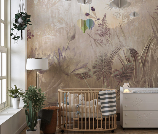 Vintage style pond wall mural featuring soft beige flora and delicate winged insects.
