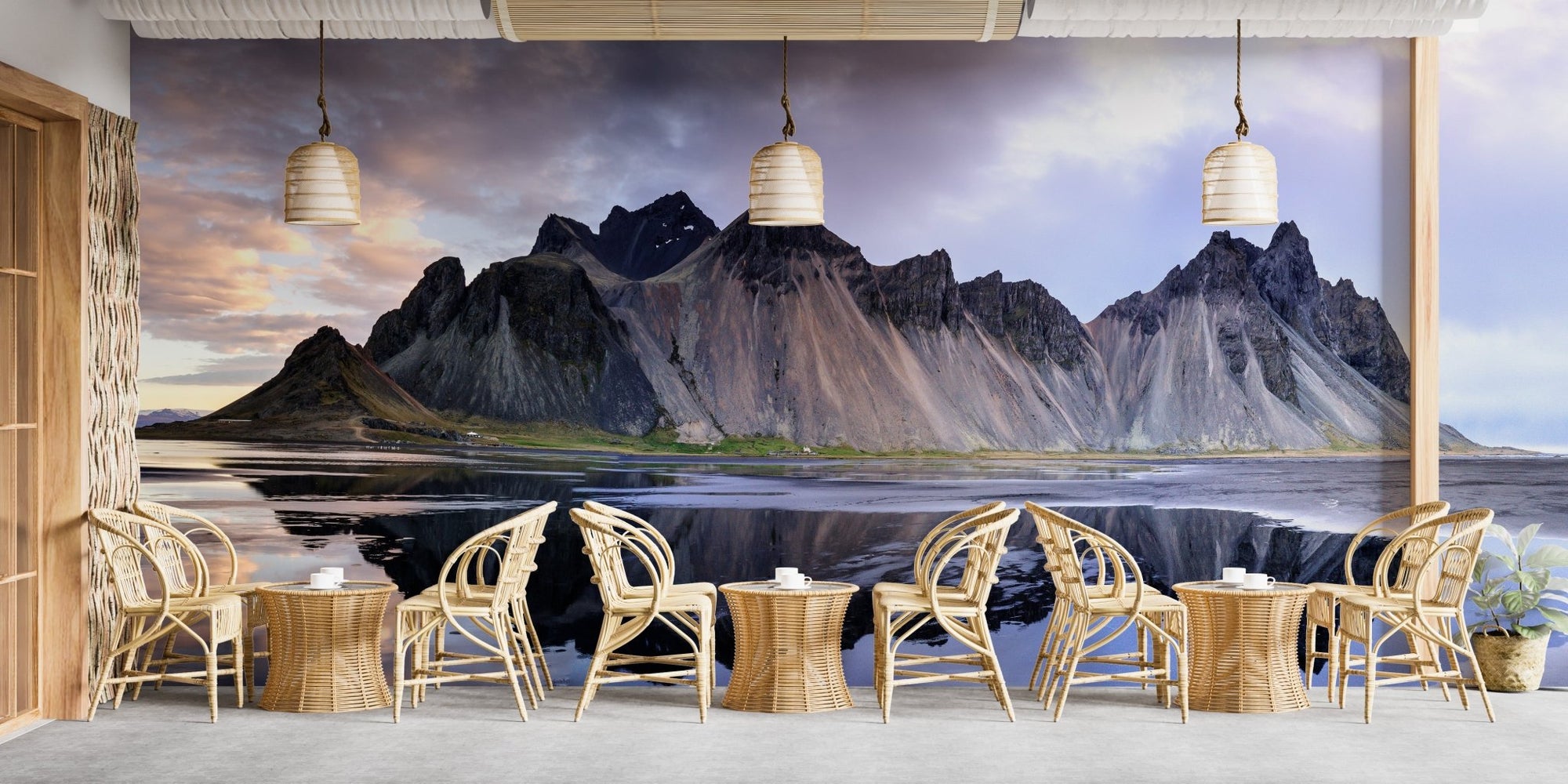 Dramatic Icelandic Dunes wall mural in a modern dining room setting.