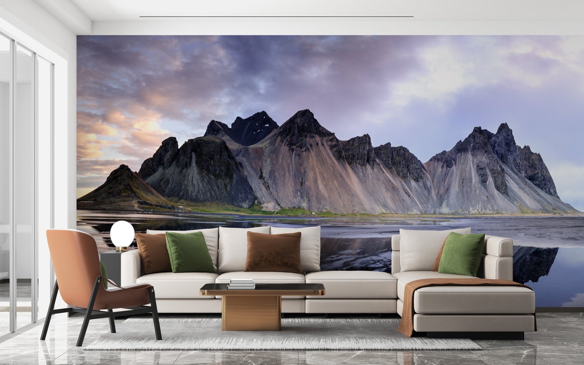 Living room wall decorated with a peaceful mountain landscape wall mural.