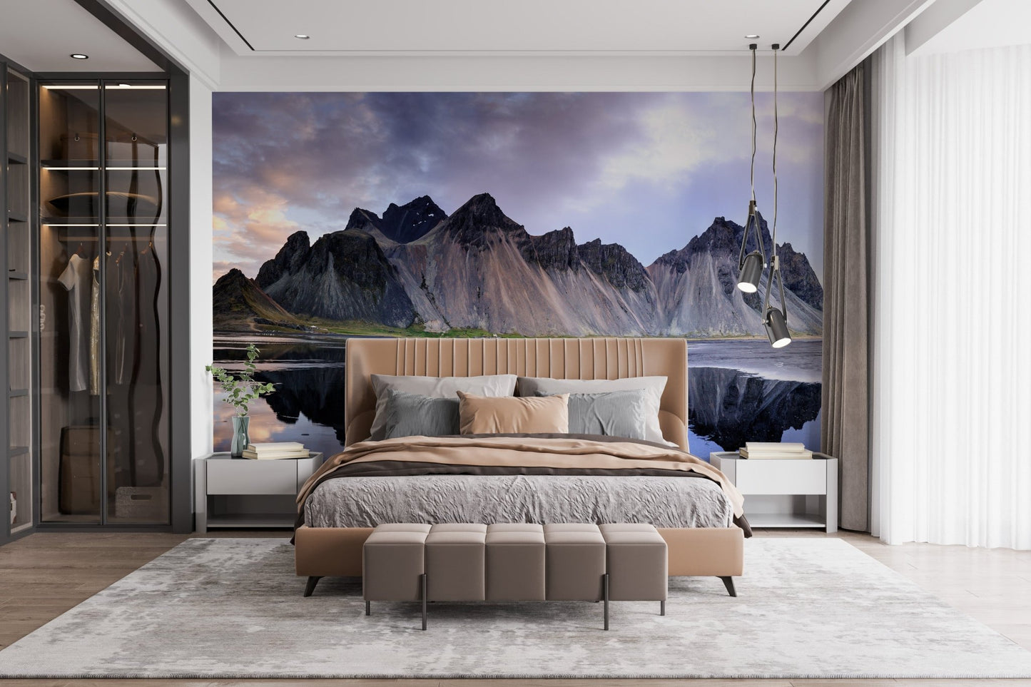 Bedroom interior featuring the Dramatic Icelandic Dunes wallpaper design.