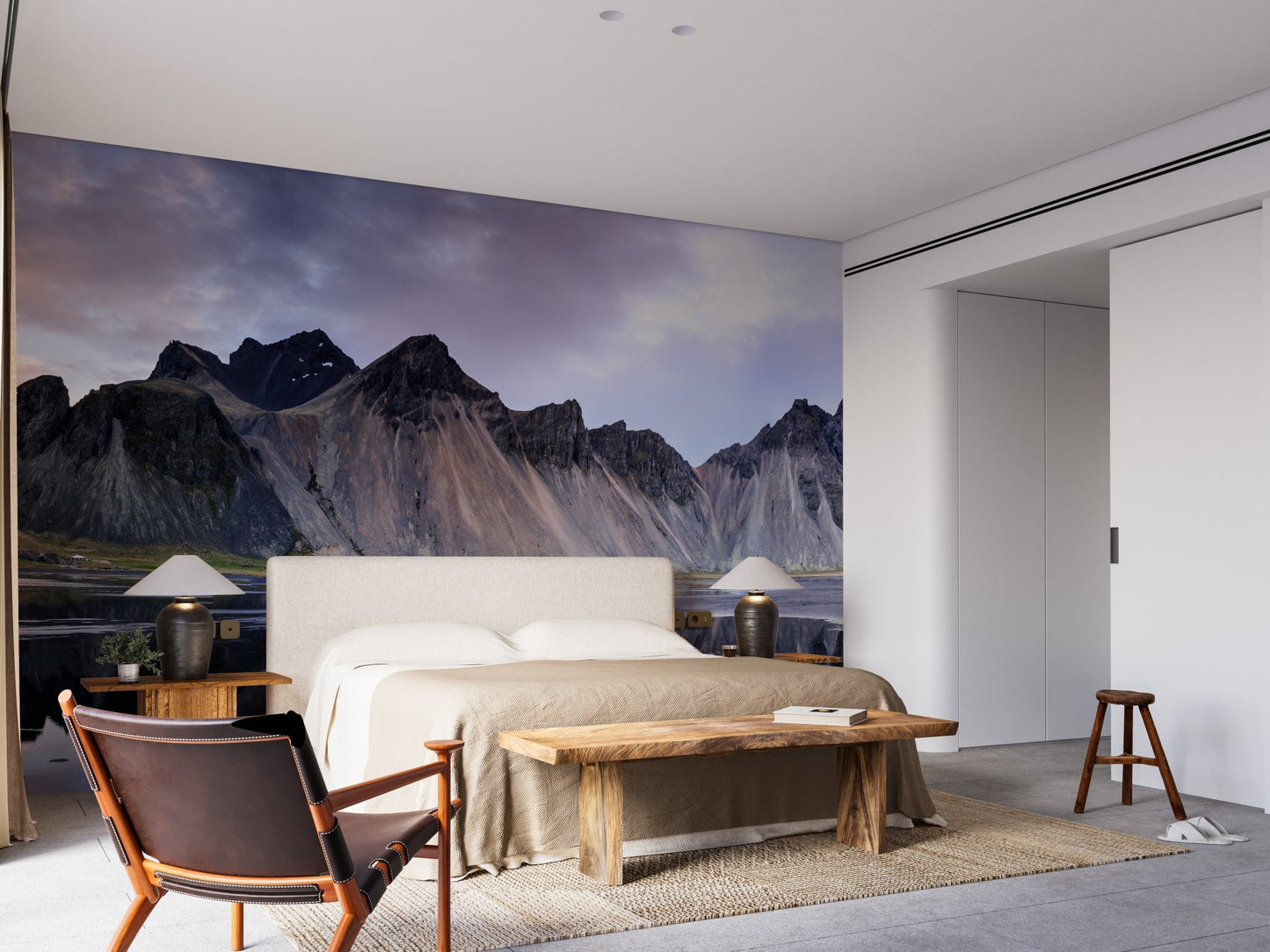 Elegant bedroom decor featuring a landscape-themed wall mural.
