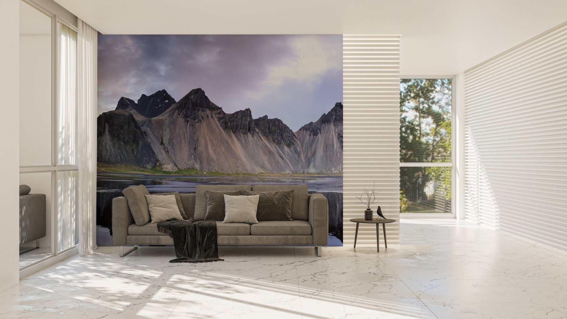 Modern interior living space with a dramatic landscape wall mural.
