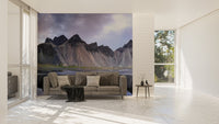 Modern interior living space with a dramatic landscape wall mural.