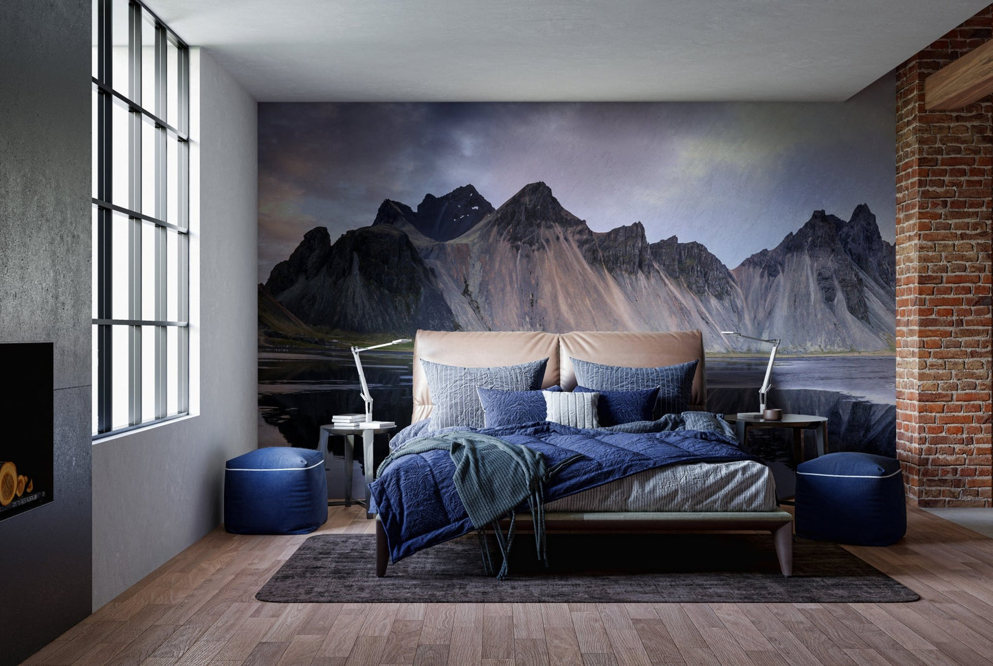 Spacious bedroom design with a Dramatic Icelandic Dunes wall mural.