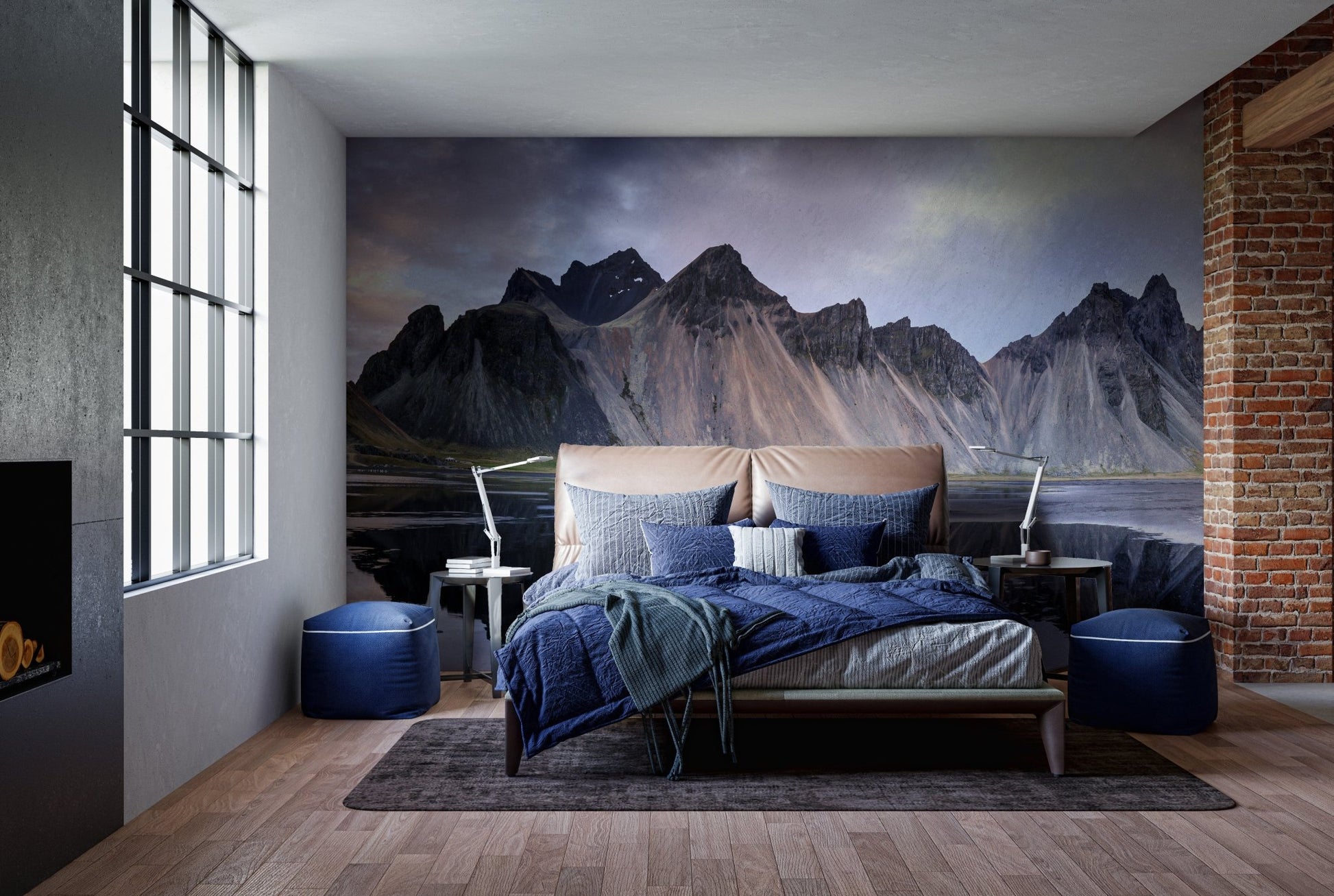 Spacious bedroom design with a Dramatic Icelandic Dunes wall mural.