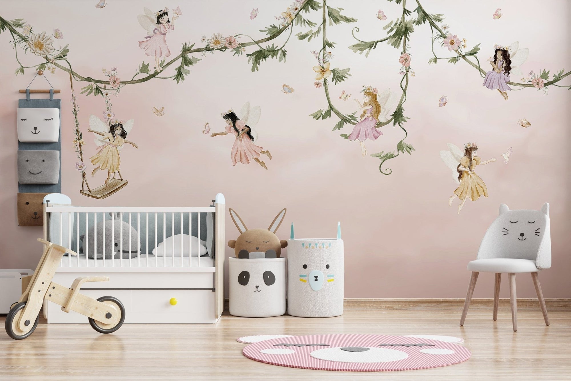 Dream flight wall mural featuring ethereal fairies on floral vines wallpaper.