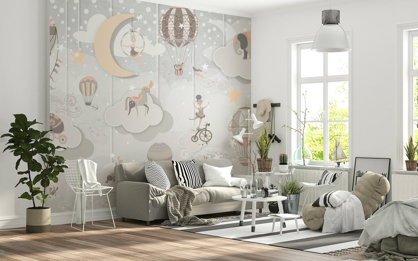 Magical entertainment-themed mural for a modern apartment space.