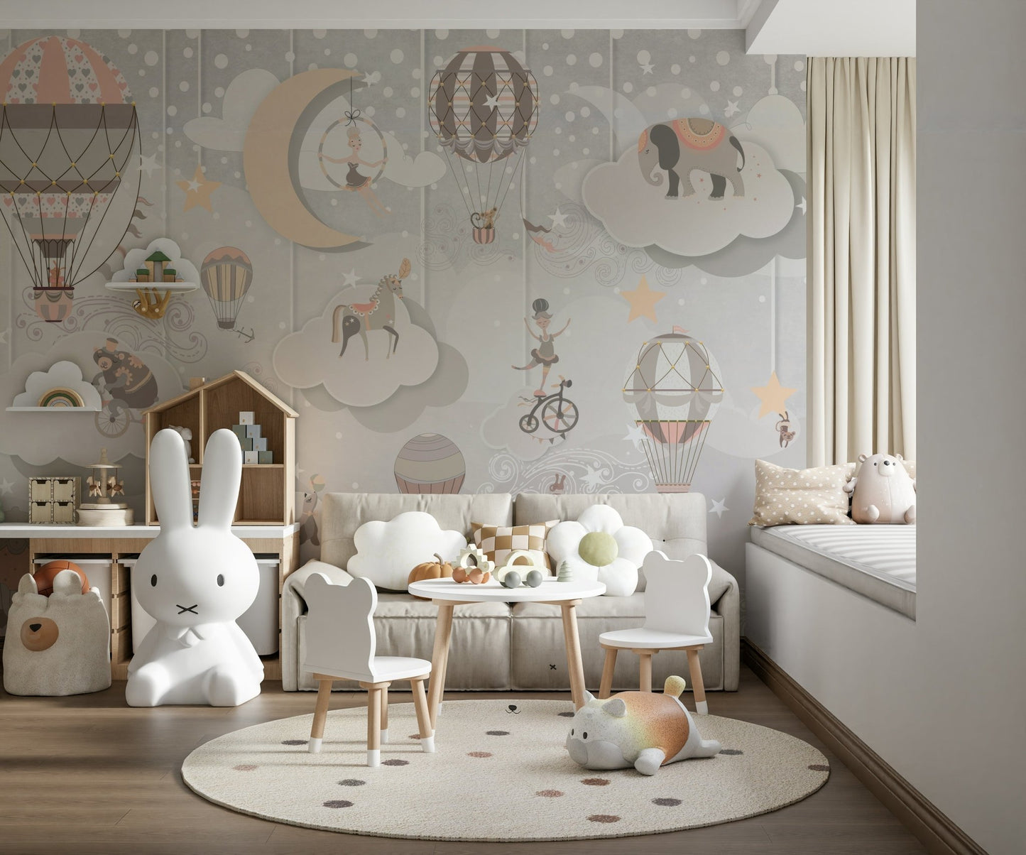 Bold theatrical scene on a large feature wall in a playroom.