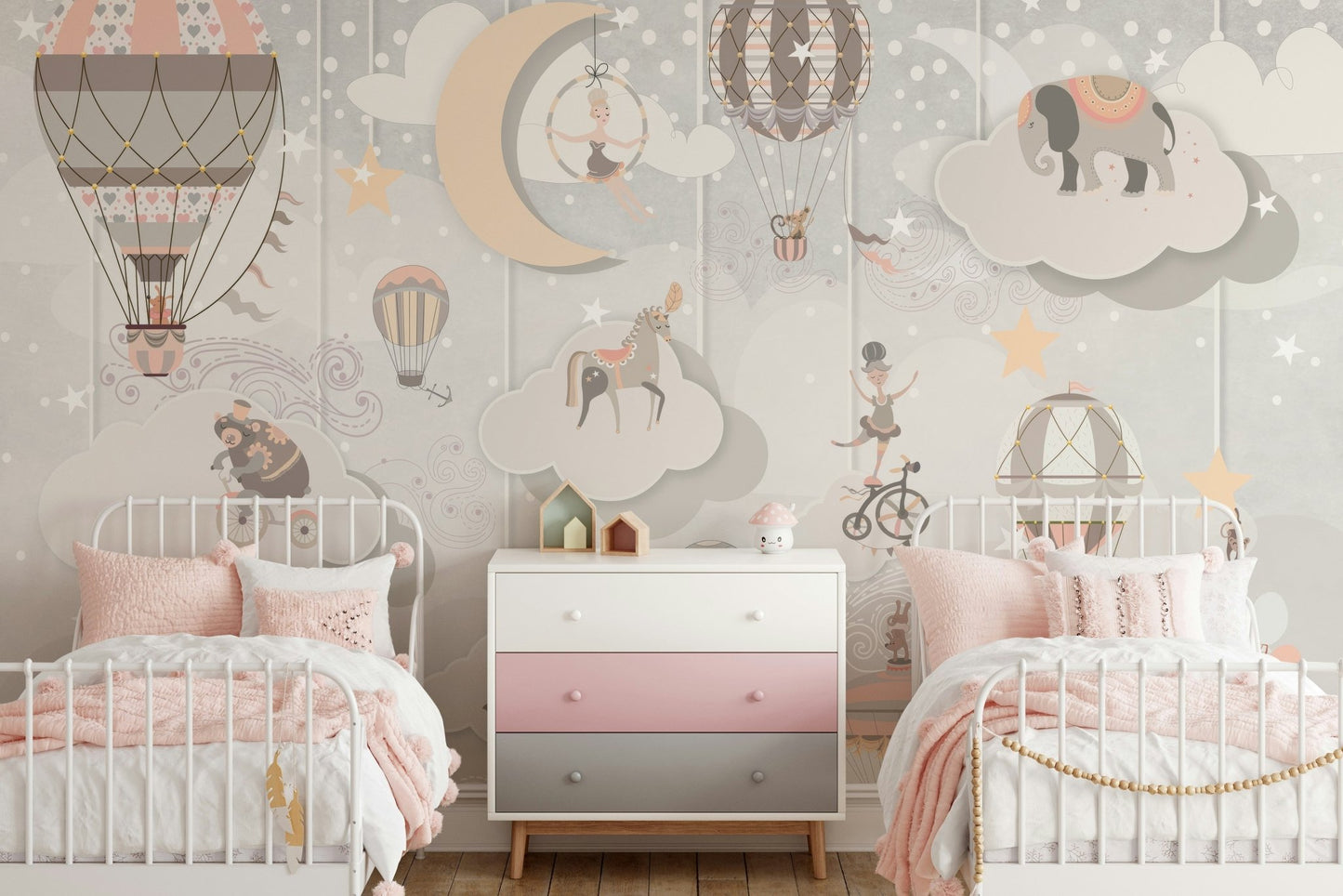 Playful acrobatic wallpaper for a serene bedroom feature wall.
