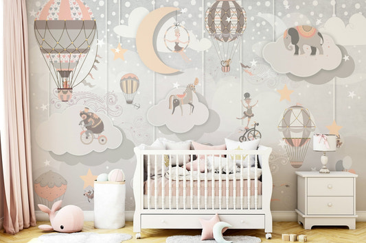 Dreamscape Circus Wall Mural with vintage acrobat illustrations on beige wallpaper.