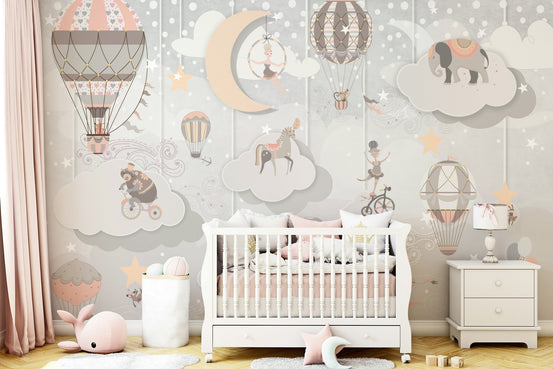 Dreamscape Circus Wall Mural with vintage acrobat illustrations on beige wallpaper.