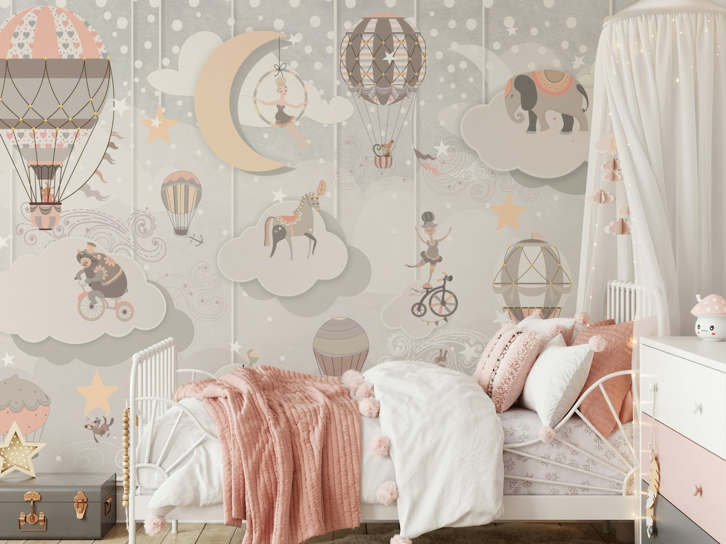 Playful acrobatic wallpaper for a serene bedroom feature wall.