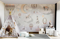 Close-up of artistic carousel animals on peel and stick wallpaper.