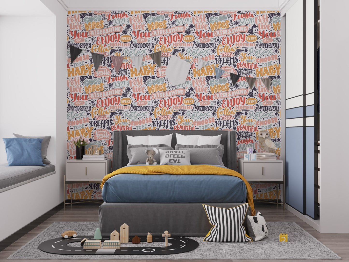 Modern pastel typography wall mural with inspiring phrases wallpaper design.