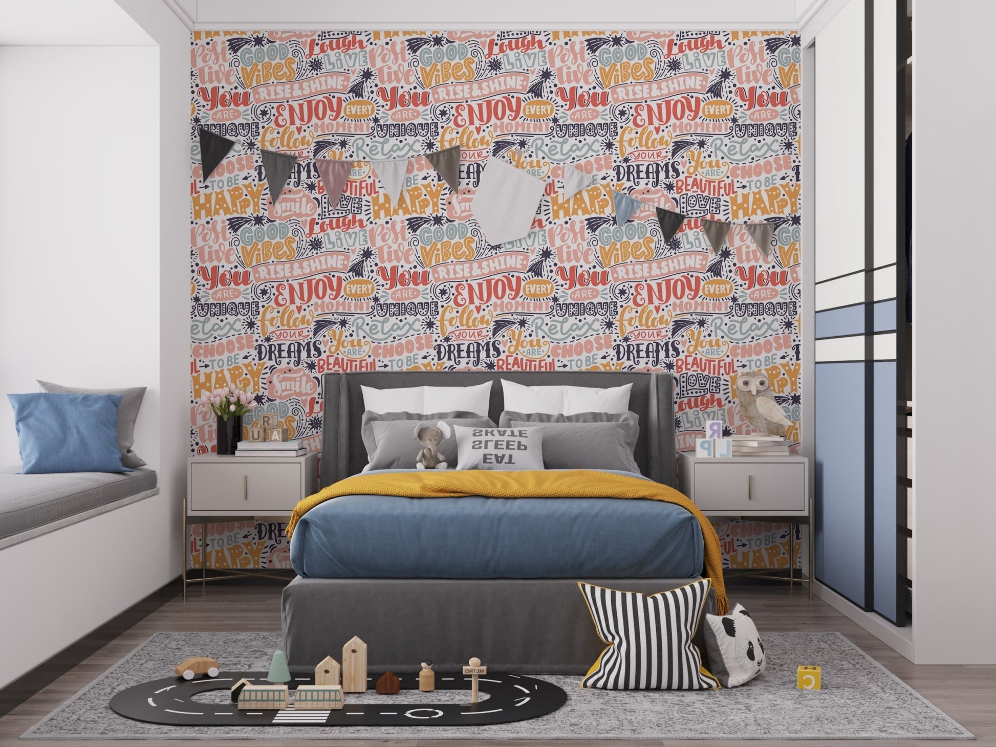 Modern pastel typography wall mural with inspiring phrases wallpaper design.