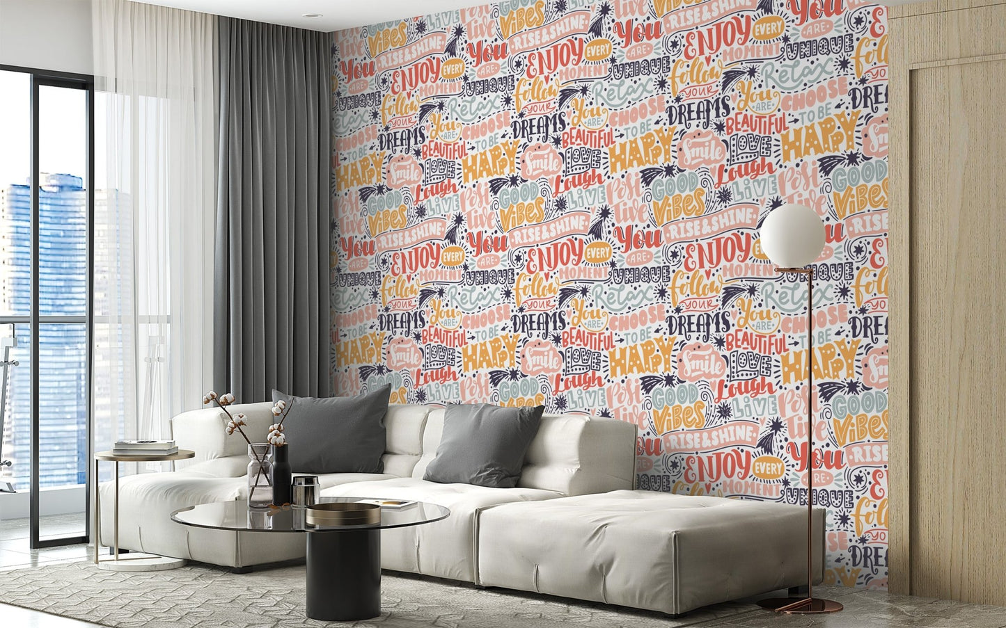 Dreamscape harmony wallpaper mural featuring vibrant word collage layout.