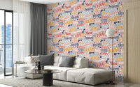 Dreamscape harmony wallpaper mural featuring vibrant word collage layout.