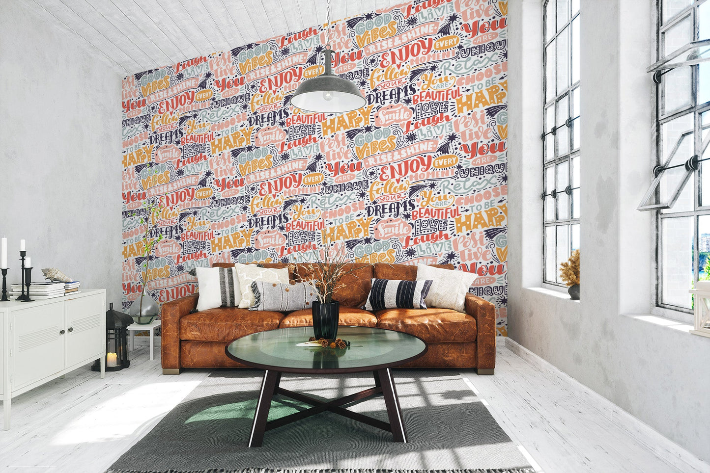Colorful quote pattern wallpaper mural with playful brush script details.