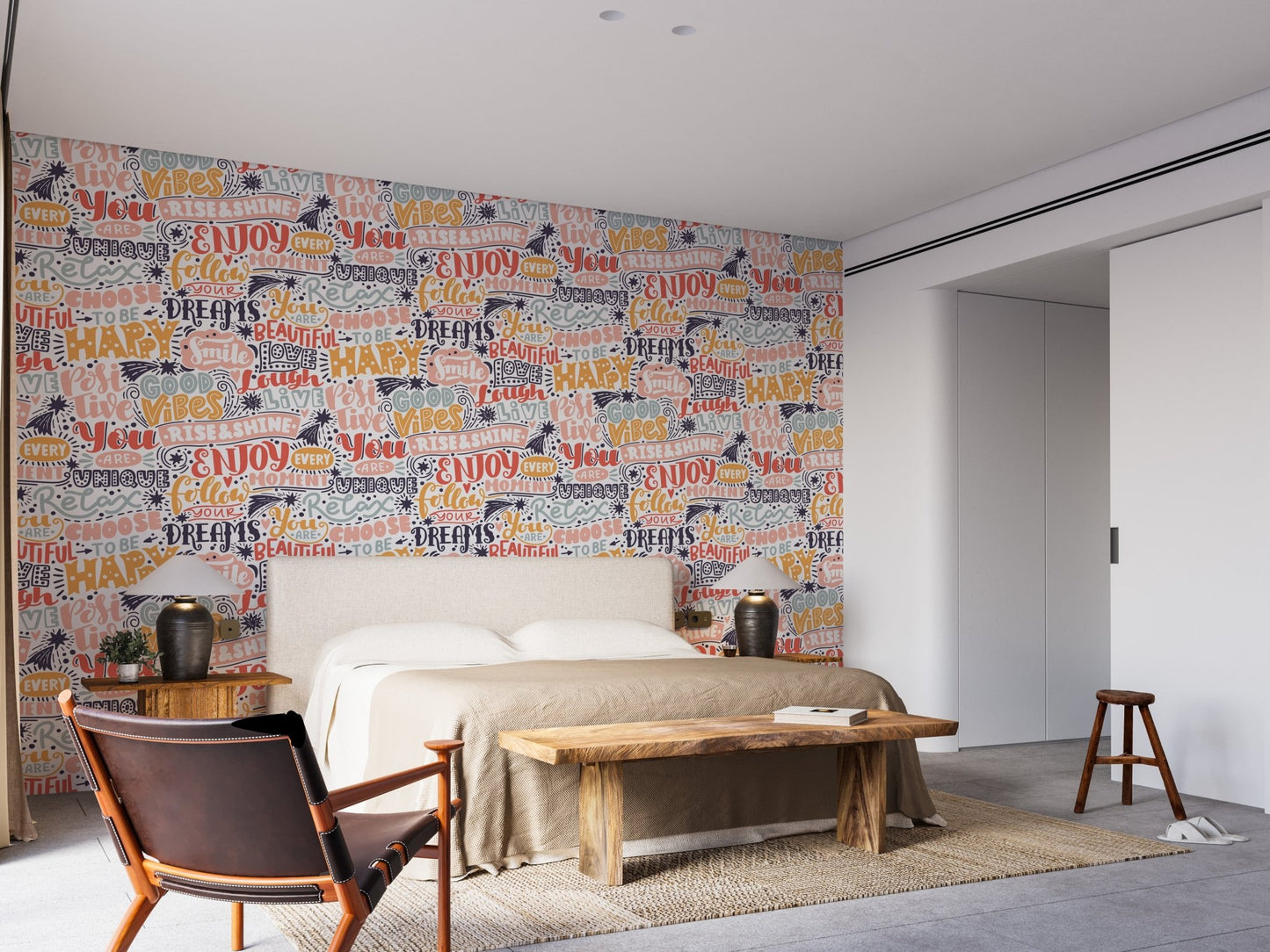 Contemporary slogan art wallpaper with layered text and soft color palette.