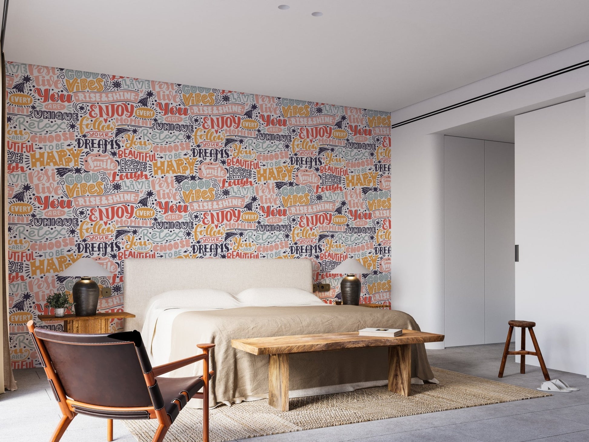 Contemporary slogan art wallpaper with layered text and soft color palette.