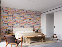 Contemporary slogan art wallpaper with layered text and soft color palette.