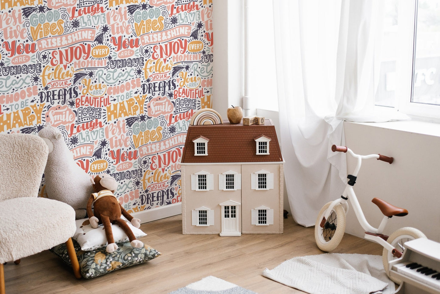 Decorative quote collage wall mural wallpaper with mixed font styles.
