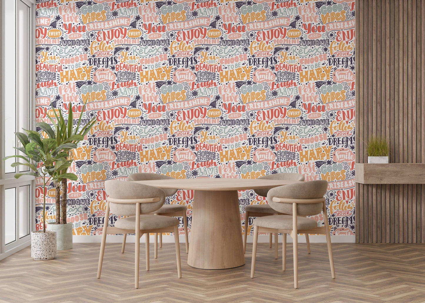 Modern graphic quote wallpaper mural with doodle accents and icons.
