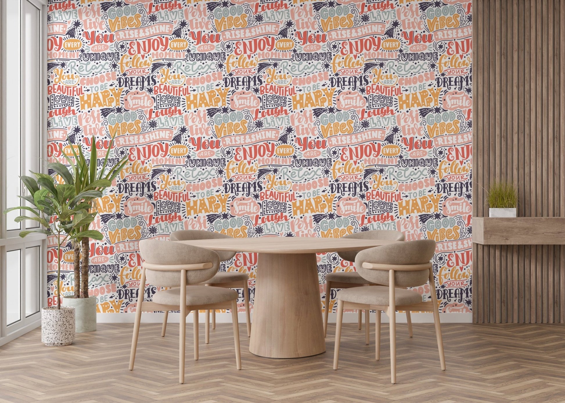 Modern graphic quote wallpaper mural with doodle accents and icons.
