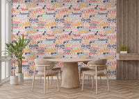Modern graphic quote wallpaper mural with doodle accents and icons.