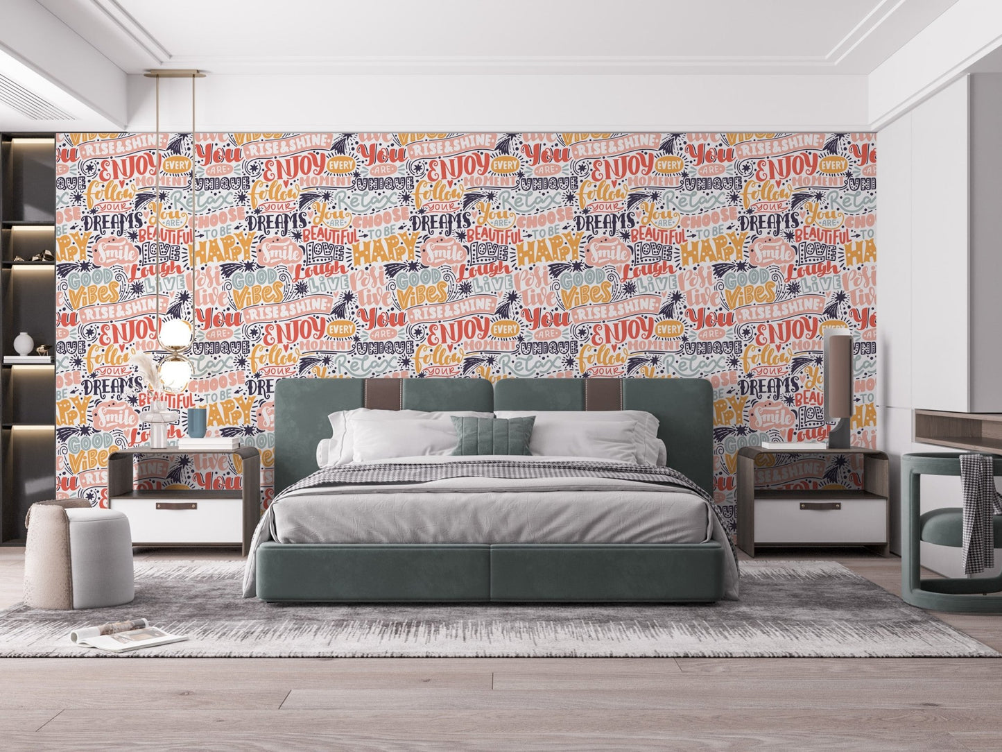 Dreamscape harmony wallpaper mural with colorful motivational typography pattern.