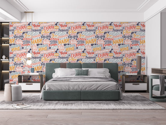 Dreamscape harmony wallpaper mural with colorful motivational typography pattern.