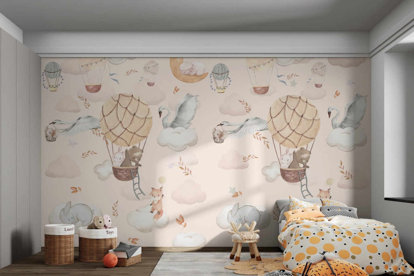 Soft pastel hot air balloon mural featuring a bear and bunny in bedroom.