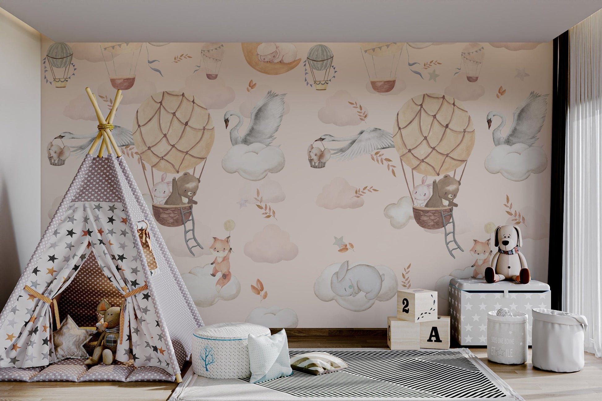 Playroom wall mural with cream hot air balloons and grey stars.
