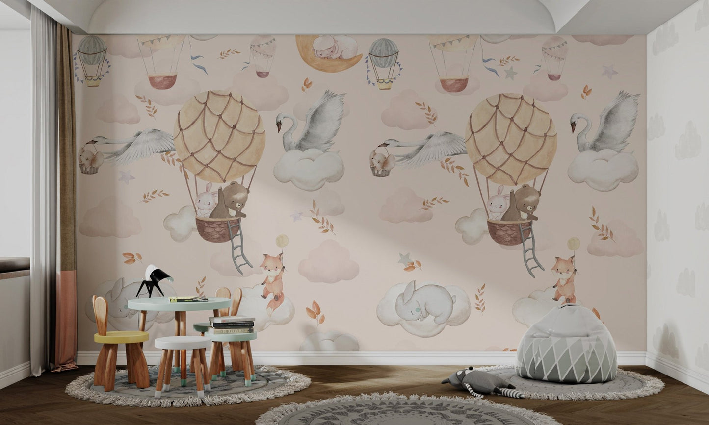 Swan gliding above clouds in a dreamy flight mural for kids study rooms.