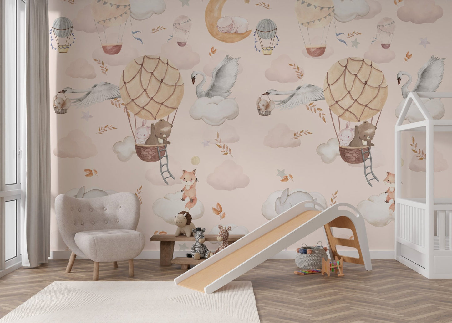 Nursery wall mural featuring a bear and rabbit in a balloon basket with a ladder.