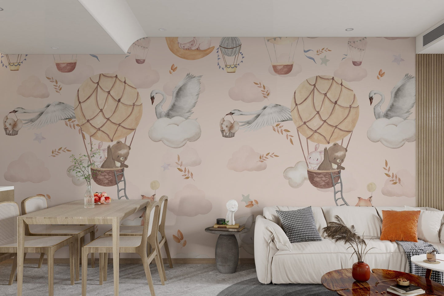Living room wall mural with a crescent moon and tan balloon pattern.