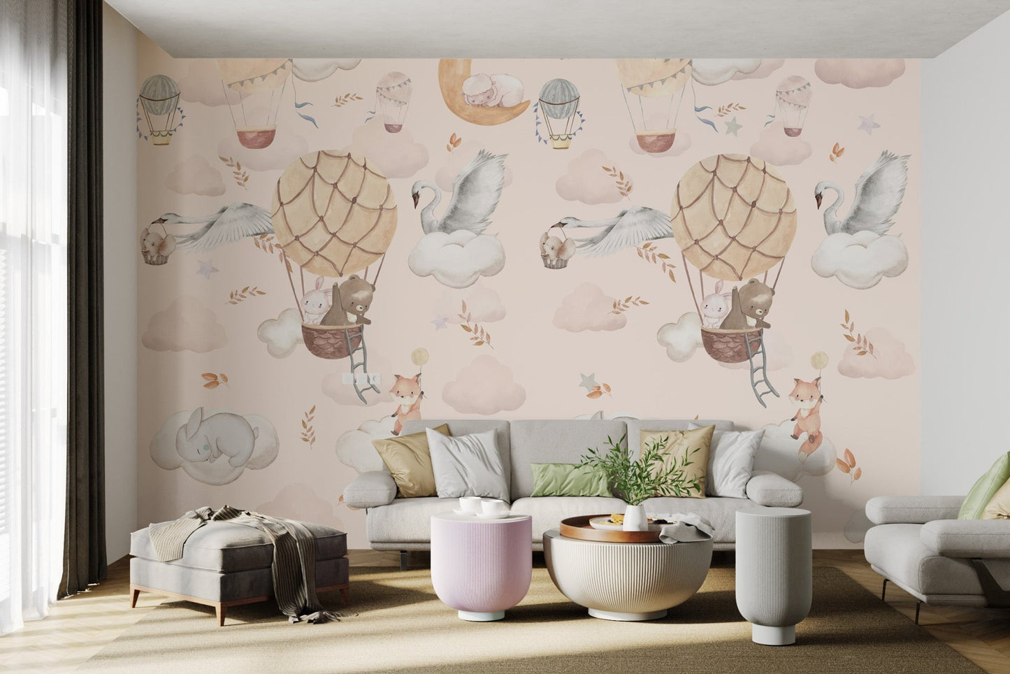 Illustrated wall mural with a swan carrying a basket and small brown bear.