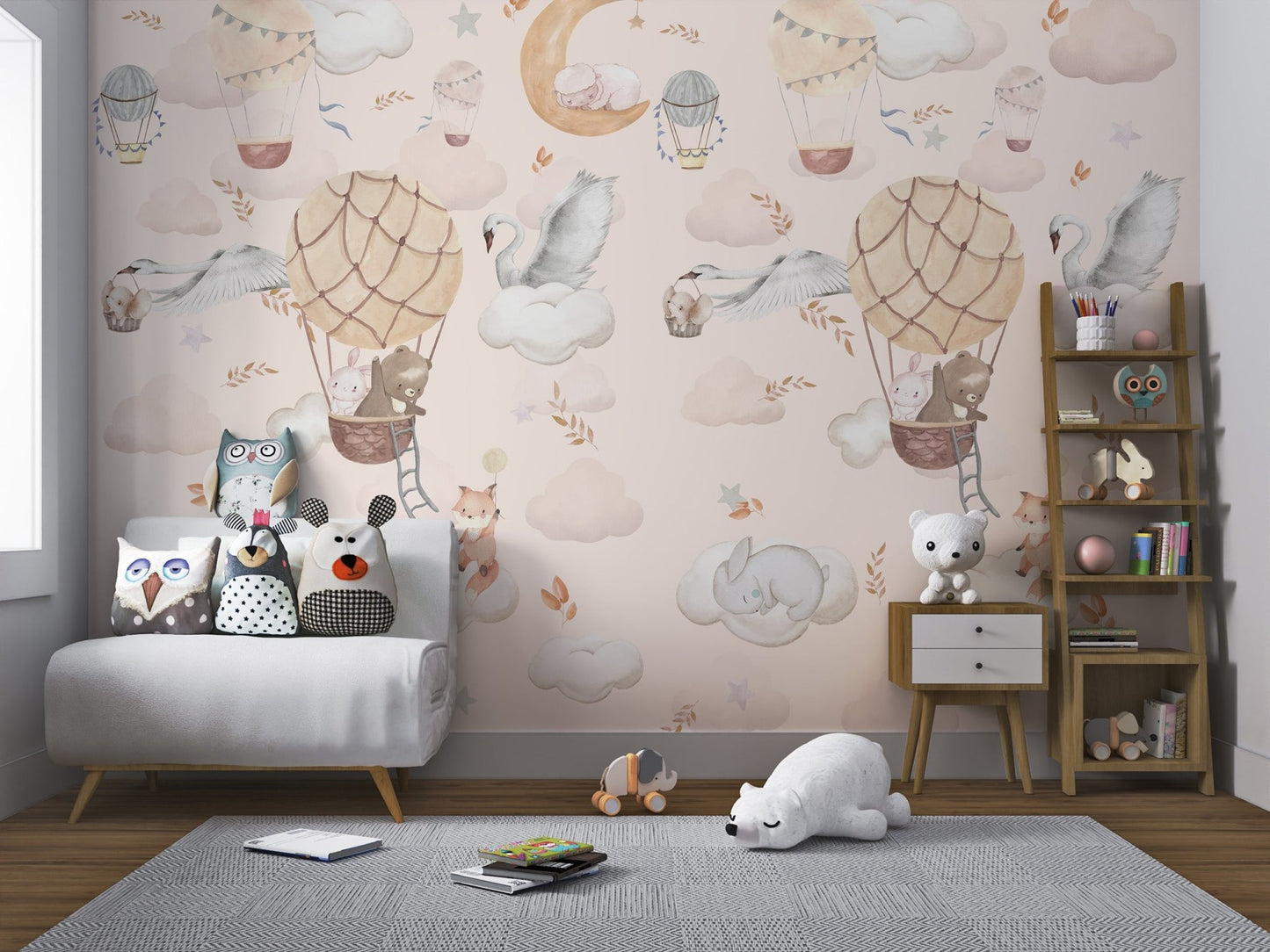 Watercolor wall mural featuring a fox on a cloud for modern nursery.