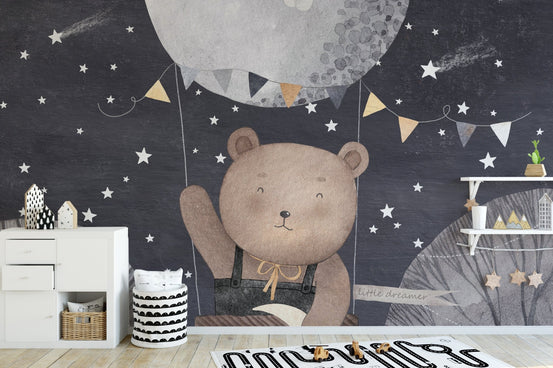 Dreamy bear balloon adventure mural wallpaper with night sky art.